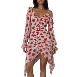 Melloday Red Poppy Floral One Shoulder Long Sleeve Chiffon Dress NWT Size L